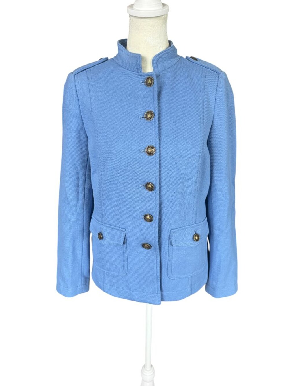 Talbots Petite women's light blue long sleeve knit band jacket mock collar 4P